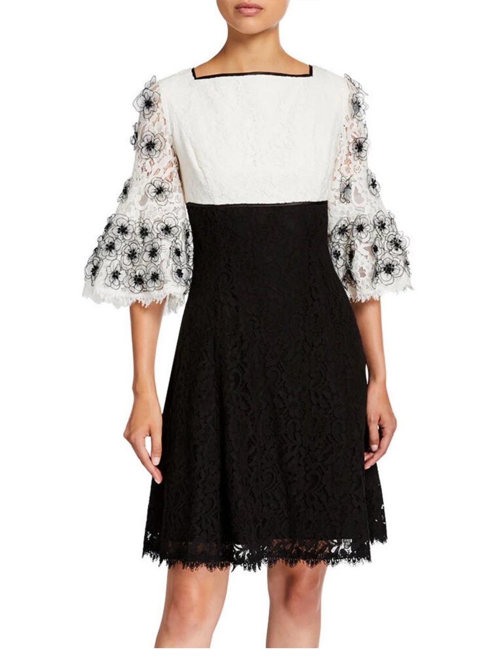 Black & White Lace Midi Dress with Floral Sleeves